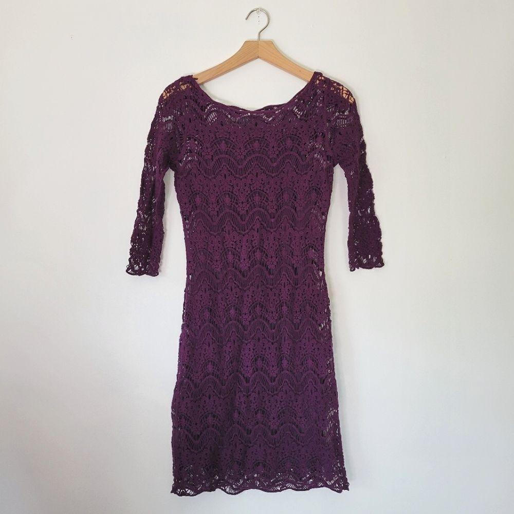 Lauren Ralph Lauren Dress Deep Purple Lace Overlay 3/4 Sleeves XS